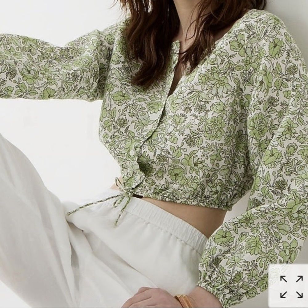 J.CREW women’s Tossed Floral 100% Linen Crop Top Long Sleeve M EUC cottagecore